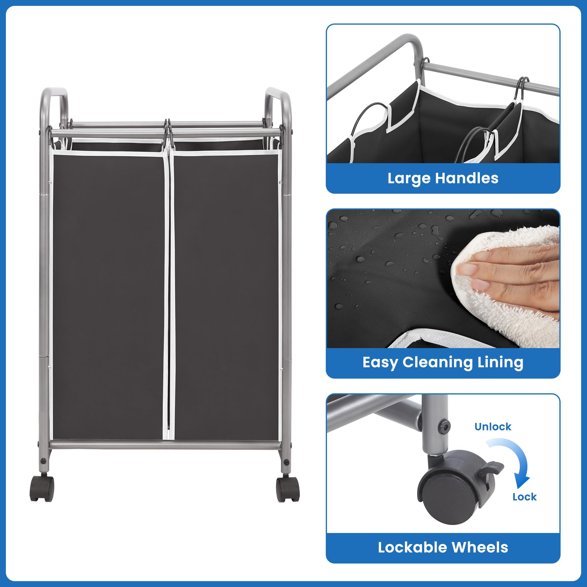 STORAGE MANIAC Wäschesortierer 2 Abschnitte, 90L Gal Wäschekorb mit Rollen, Wäschekorb Separator Sorter, 2 Beutel Kleiderwagen mit Rollen und abnehmbaren Taschen für Schrank, Schlafsaal, Collage