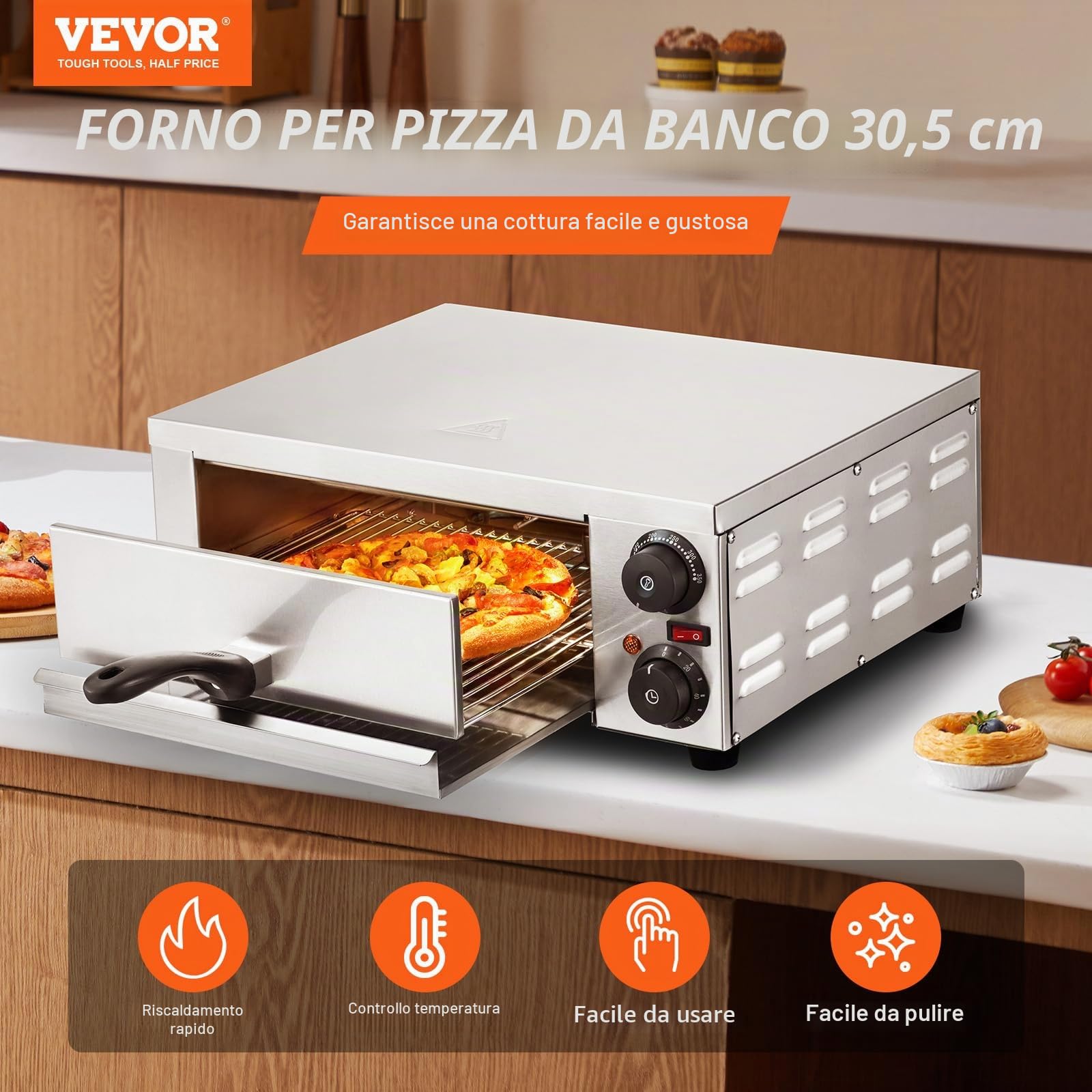 VEVOR Forno Elettrico per Pizza da Banco Pizza da 12 Pollici 1500 W Temperatura Controllata Timer da 0-120 Minuti, Cottura Uniforme Vassoio Briciole Facile da Pulire per Cucine Commerciali Domestiche