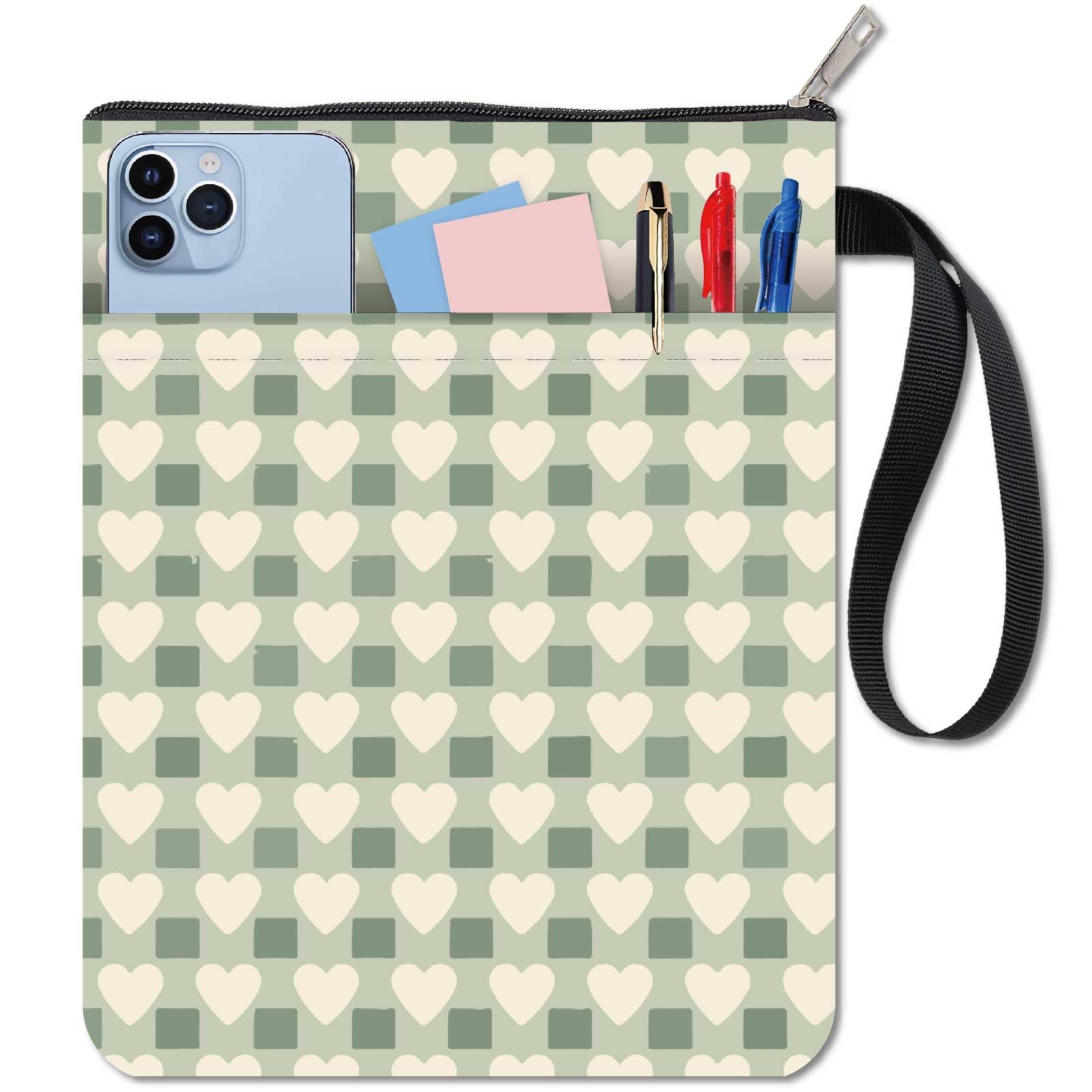 CRASPIRE Heart Book Covers Green Plaid Book Sleeve Book Protector for Paperbacks Washable Fabric Cloth Book Cover with Zipper and Extra Sleeve Pocket for Book Lovers Classmate Gifts