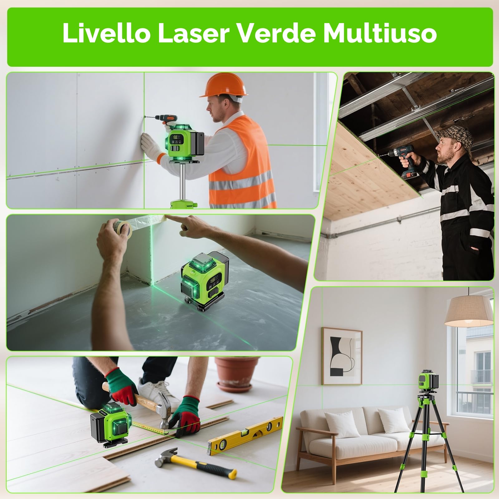 Livella Laser Autolivellante 16 Linee, 4 X 360 °Livello Laser Autolivellante Verde, 2 x Batterie, Autolivellante, Supporto rotante, Telecomando Cabina di rilevamento