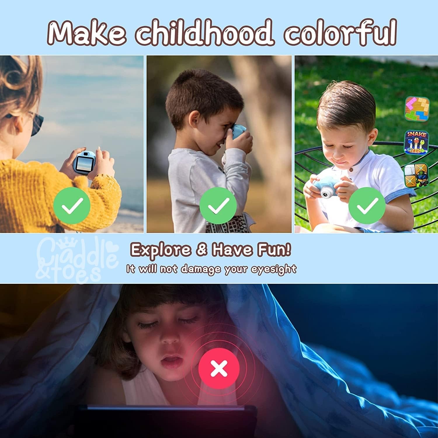 CADDLE & TOES Instant Digital Camera Toy for Kids | 40MP HD Video Recorder with Flash | Birthday Gift for Girls & Boys Age 3-14| Portable Photography Gadget (Camy Blue) (SD Card Not Included) 4