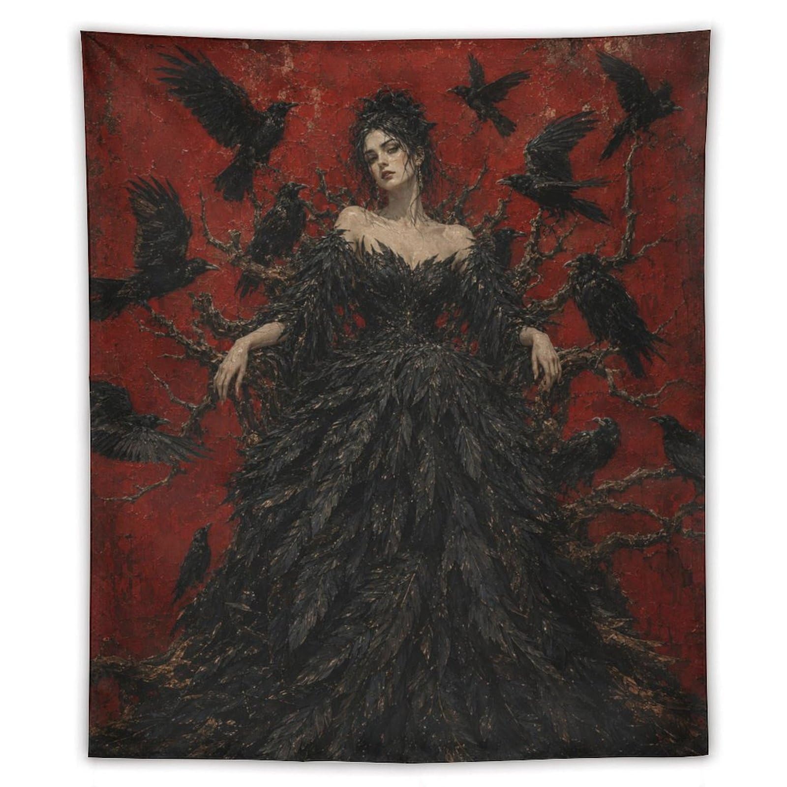 H3B8U2Y5 Raven Woman with Black Feather Dress Wall Tapestry, Dorm Room