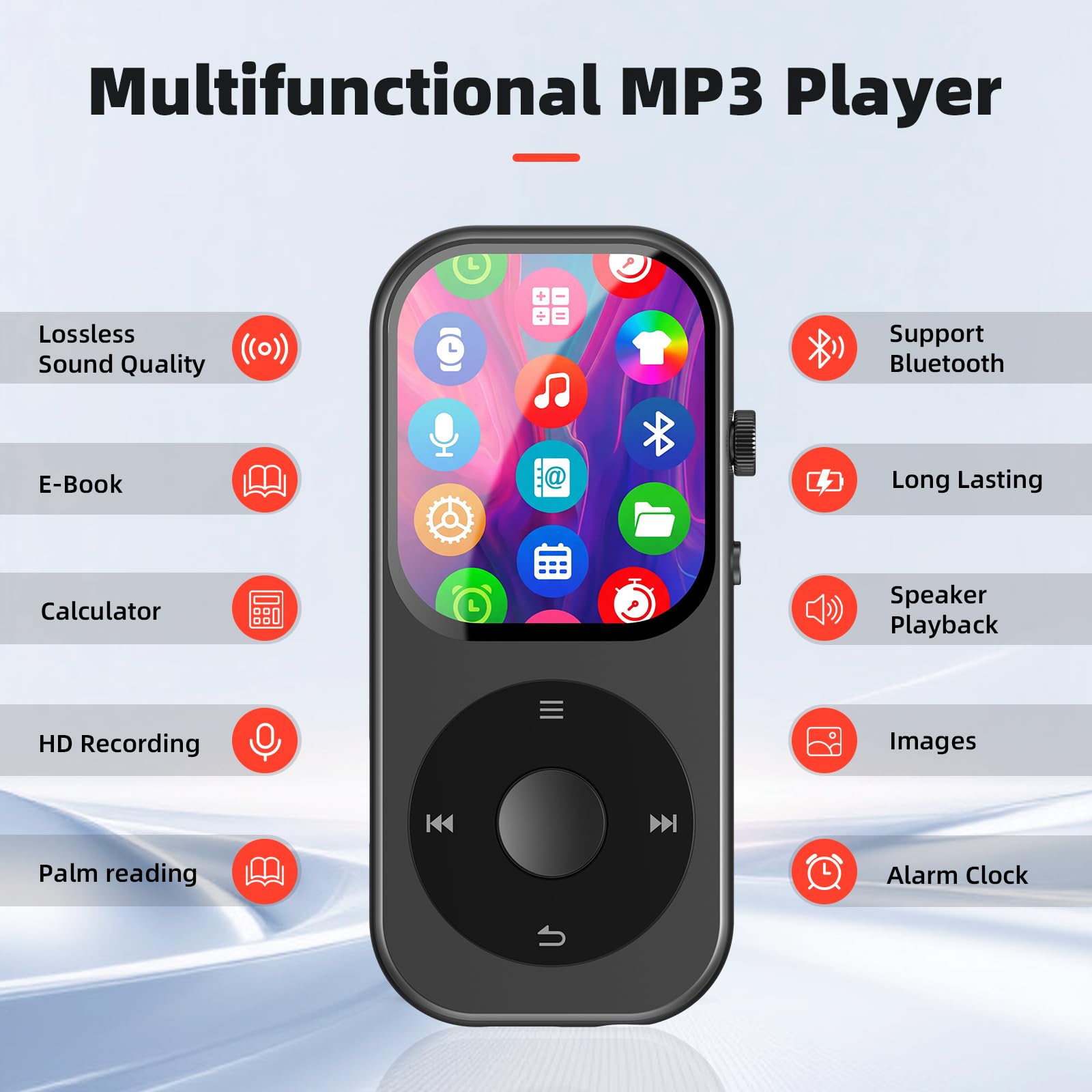 Lettore MP3 da 128 GB con Bluetooth 5.4, lettore musicale con altoparlante HD integrato, lettore musicale MP3 da 2 pollici touchscreen e pulsanti fisici di rotazione touch Supporto video, immagini