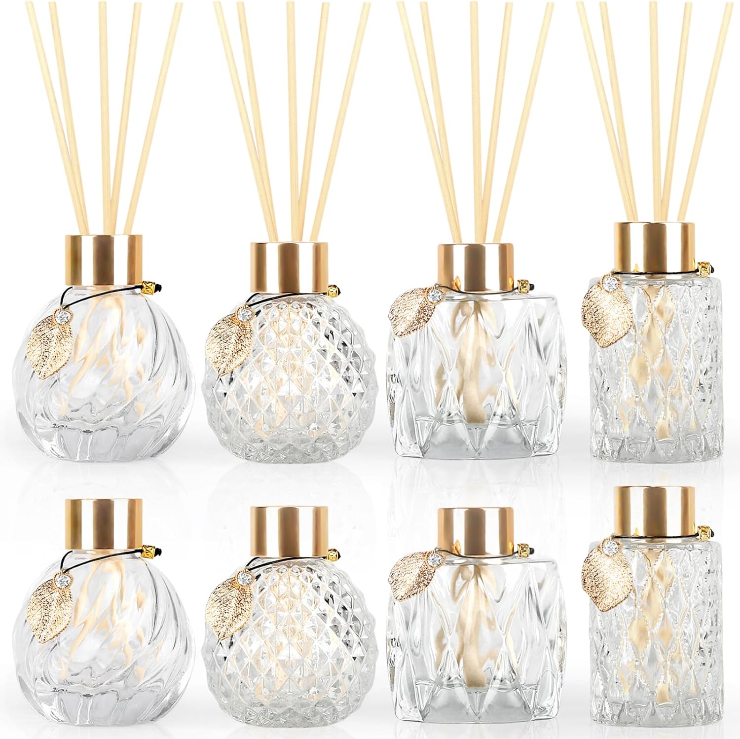8Pcs Reed Diffuser Set with Metal Golden Decoration, 3.5oz-4.2oz Empty Bottles with 20Pcs Reed Sticks, Unique Design Bottles for Home and Office