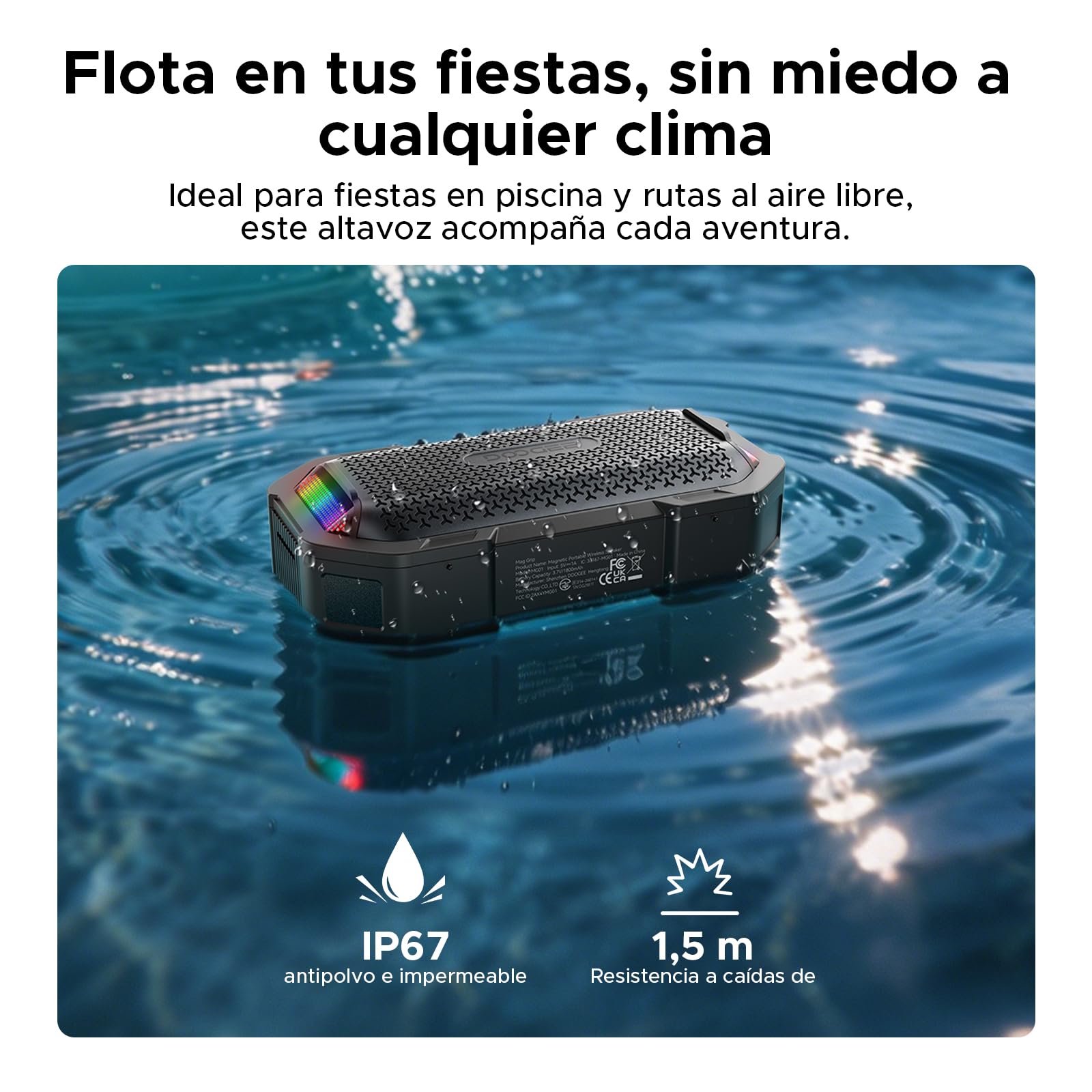 mag Grip Altavoz Portatil Inalámbrico Magnético, Speaker 15W Pico con Luces RGB Sincronizadas, Altavoz Batería 1800mAh Autonomía 8H IP67 TWS,
