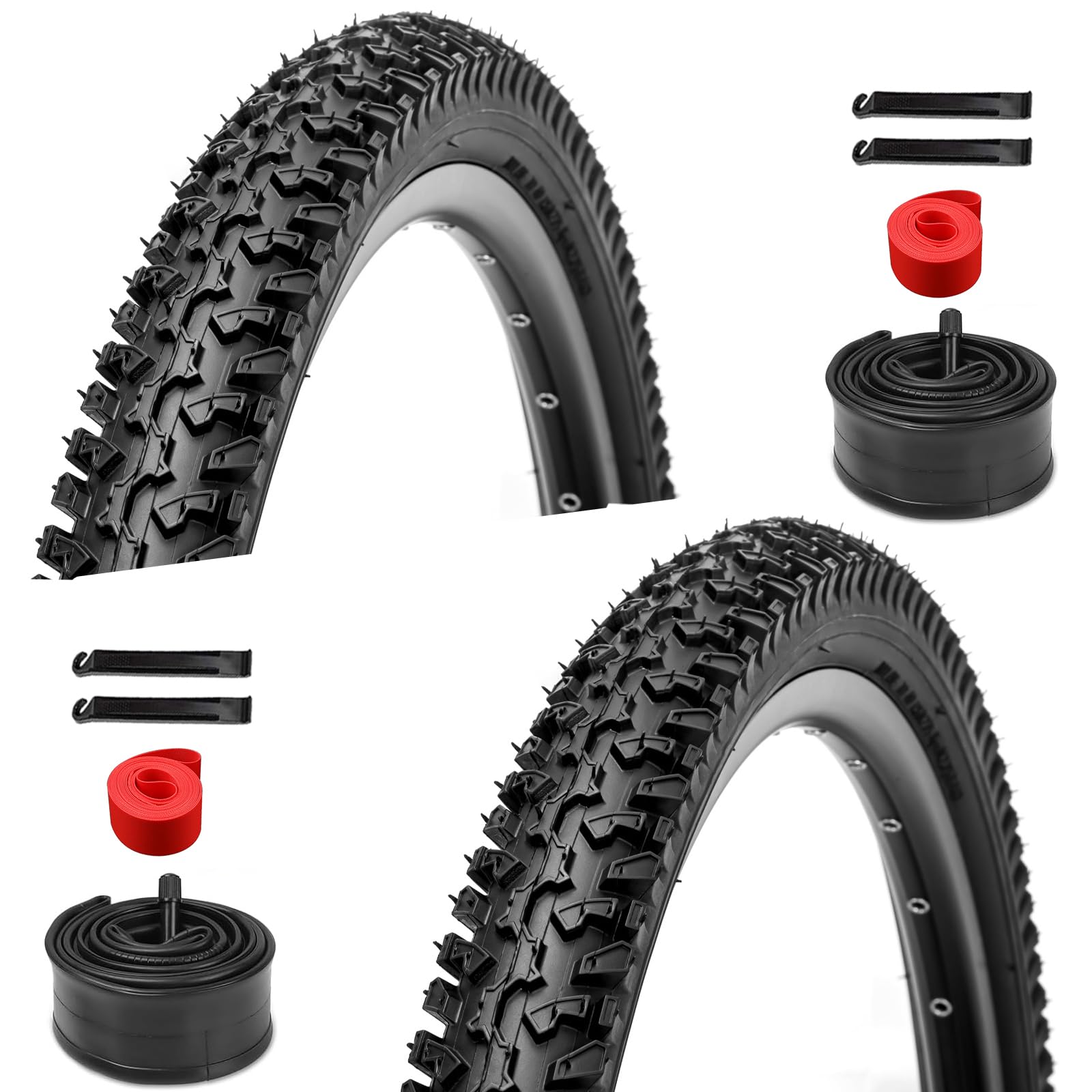 2 Pack Bike Tires Set - 26x2.125 inch Mountain Bike Tires, Folding Replacement Bicycle Tires with 26 inch Bike Tubes for Schrader Valve, 4 Tire Levers and 2 Rim Strips
