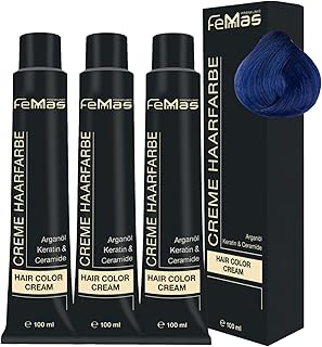 FemMas Tinte para el cabello azul permanente – 3 x 100 ml Pure & Mix Blue I Crema profesional tinte para el cabello con aceite de argán, queratina y ceramidas, como tinte permanente o tinte para