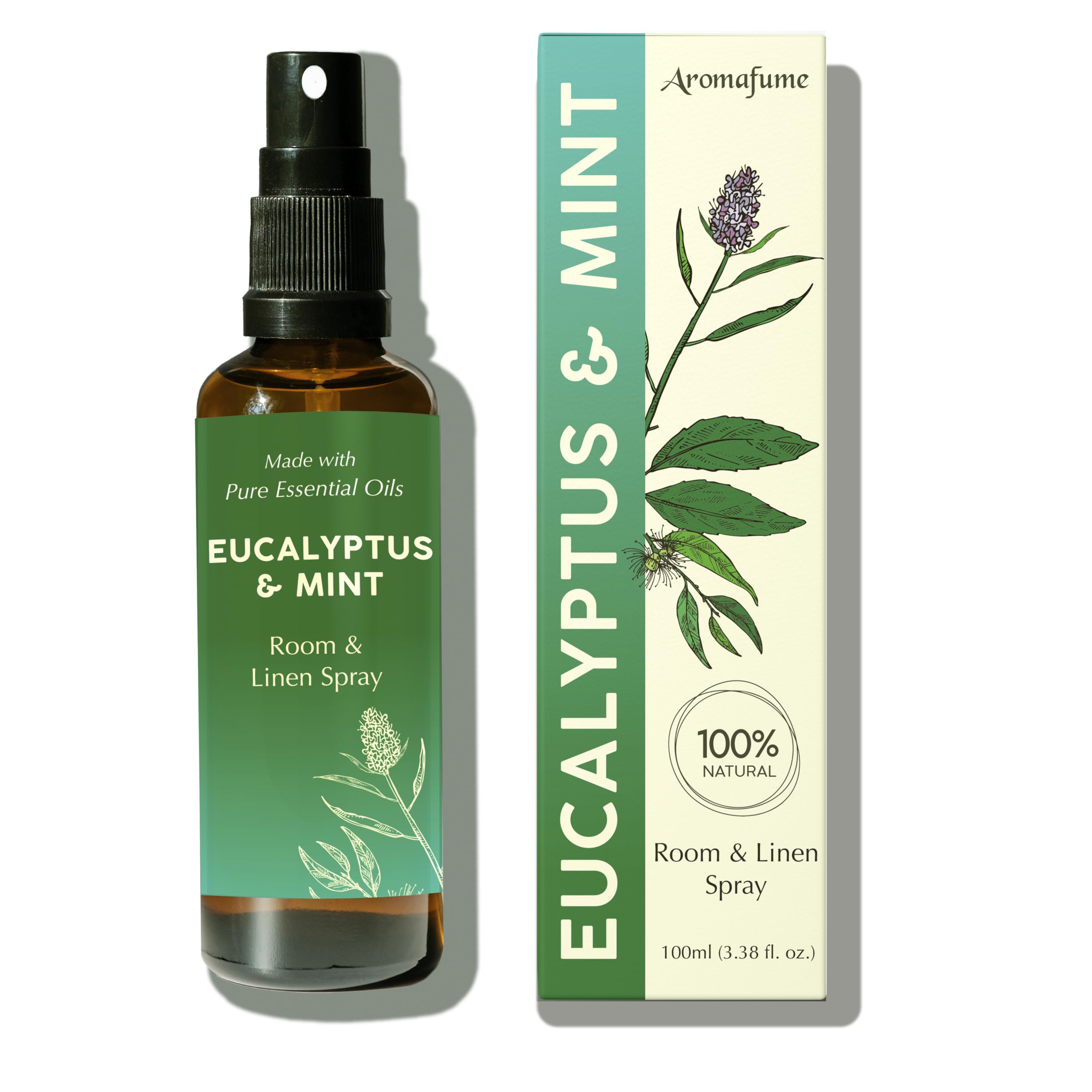 Aromafume Eucalyptus & Mint Room, Linen & Pillow Spray | 100Ml/3.38Fl Oz | With Pure Eucalyptus & Mint Essential Oil | Aromatherapy Sleep & Stress Relief | Mist For Bedding, Fabrics