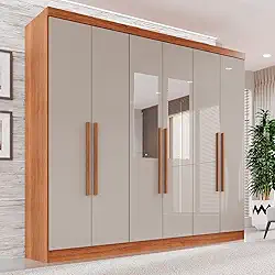 Guarda-roupa Casal com Espelho 6 Portas 2 Gavetas França Cinamomo/Off-White