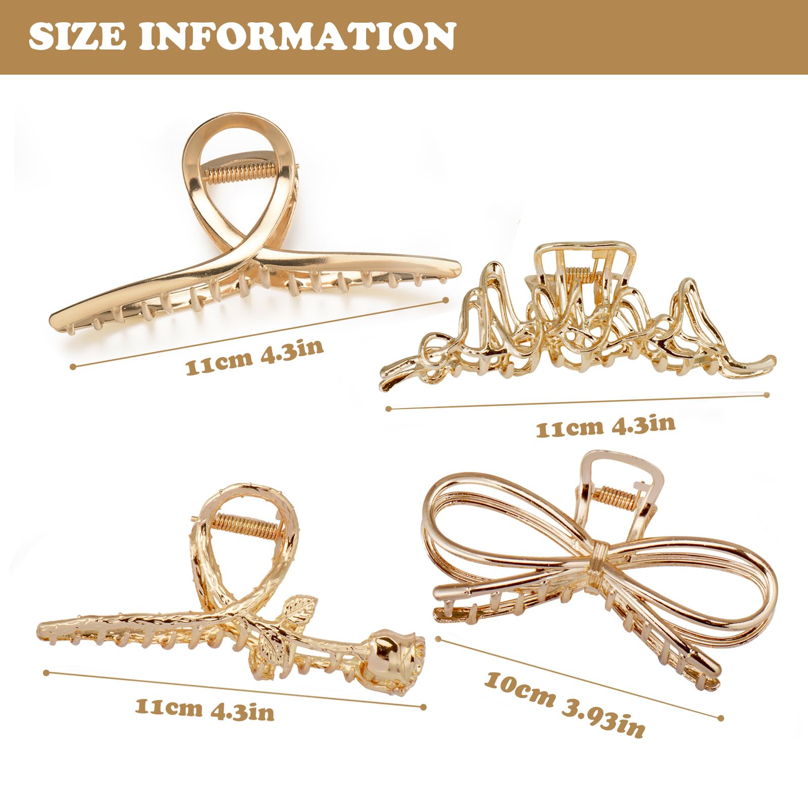 Parcce Paquete de 4 pinzas grandes de metal para cabello rizado fino a grueso, pinzas grandes antideslizantes de color dorado de 4.3 pulgadas, accesorios perfectos de moda para mujeres y niñas,
