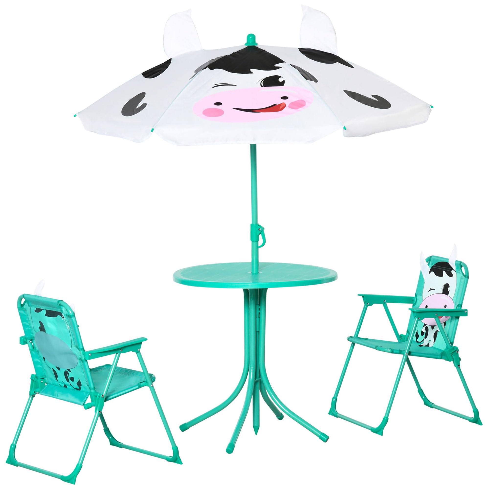 Table and Chair Set, Outdoor Folding GFurniture, Picnic Table for Patio Backyard, with Dairy Cow Pattern, Removable Height Adjustable Sun Umbrella, Aged 3 6 Years Old,White