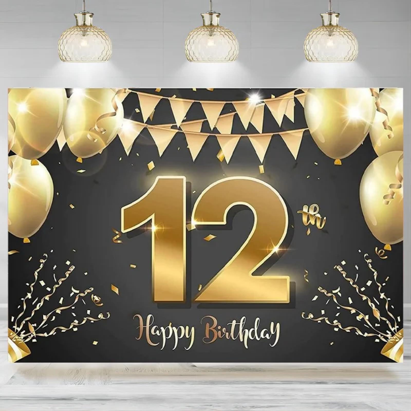 Baner "Happy 12 Birthday", tło, dekoracja urodzinowa na 12 lat, tło fotograficzne dla dziewcząt i chłopców, czarno-złote 440 x 300 cm