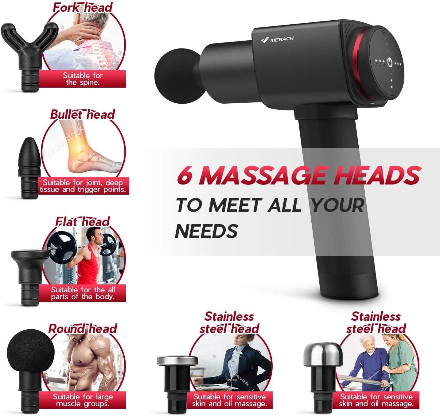 Merach Cordless Handheld Muscle Massage Gun with 6 Heads, 6-Speed Electric Quiet Deep Tissue Muscle Massager Professional Percussion Vibration Massage Device Tools for Body Pain Relief Foot Back Neck