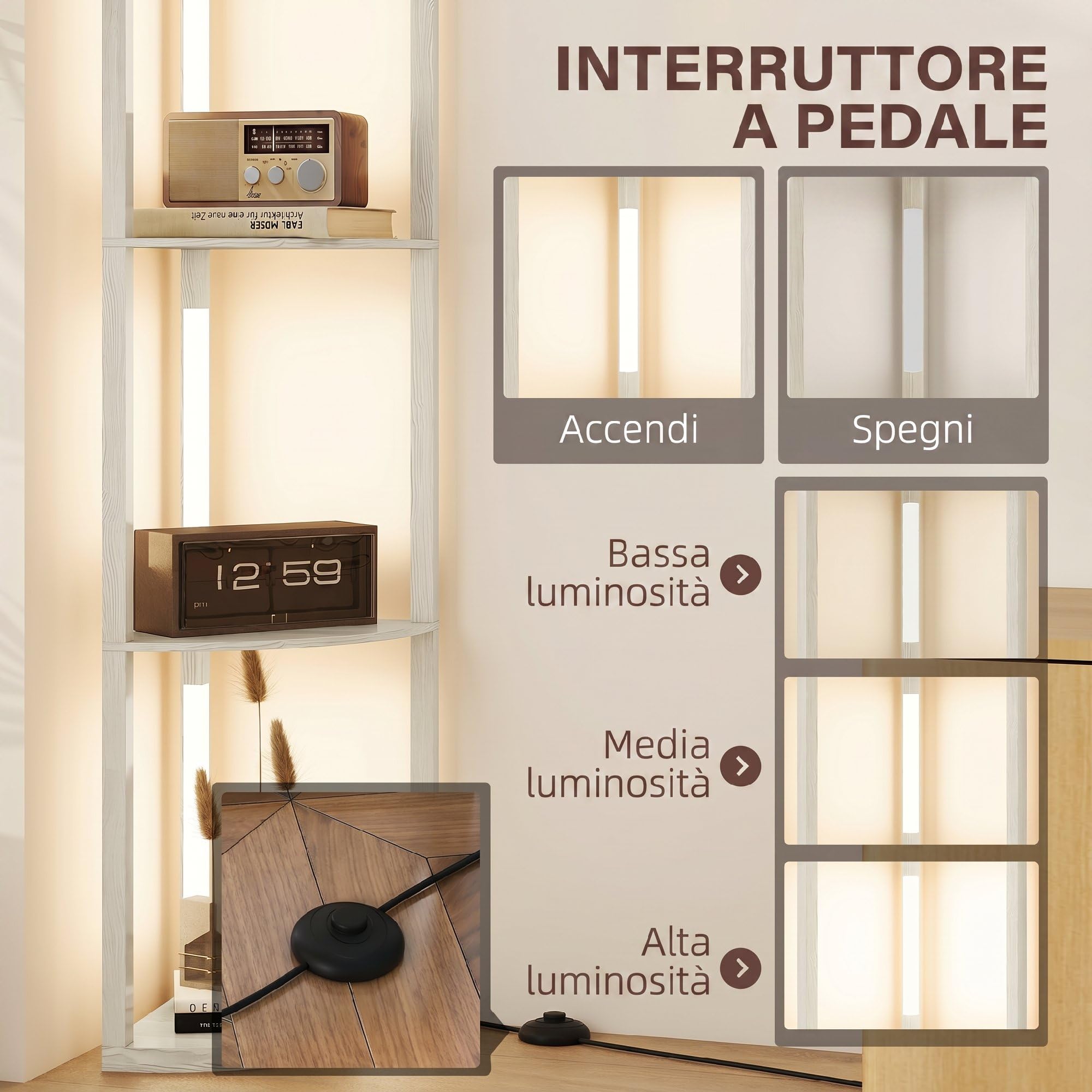 HOMCOM Lampada da Terra con 4 Ripiani Regolabile 41x29.5x163.5 cm Rovere | Da LED da 3000K, 3 Livelli, Lampada Moderna a Colonna in MDF