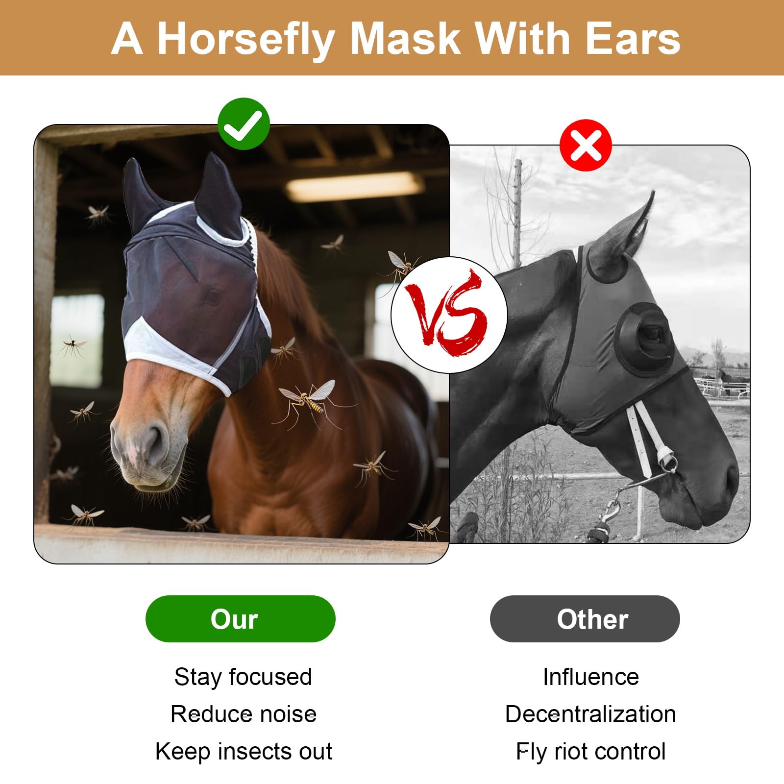 Máscara de mosca para caballo con protección UV, orejas de mosca, respirabilidad