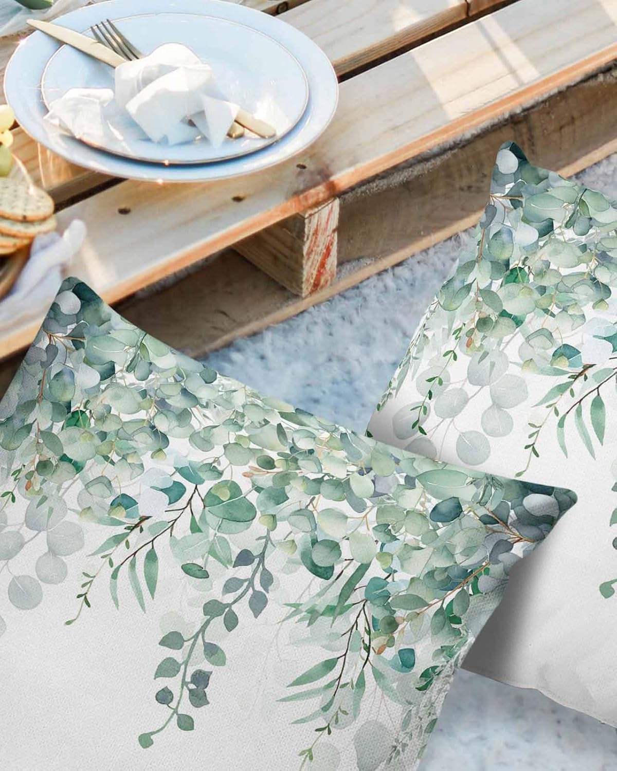 Eucalyptus Leaves Outdoor Pillow Covers Pack of 2, Watercolor Green Plants Waterproof Pillow Covers Seasonal Spring Summer Throw Pillowcase for Patio Funiture Garden Tent, 26 x 26 inch