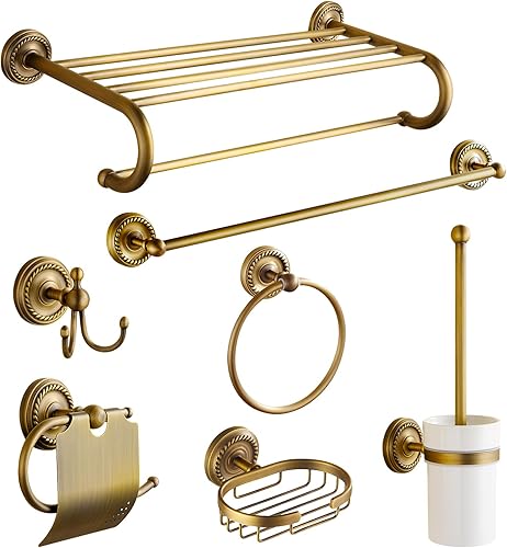 TooCust - Juego de accesorios de baño de latón antiguo de 7 piezas, latón cepillado de 24 pulgadas, toallero doble y toallero, kit de accesorios de