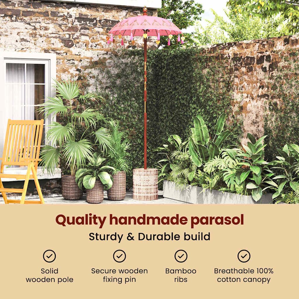 vidaXL Baliński Parasol z Bazą Różowy 95 x 95 x 260 cm, Zadaszenie do ogrodu i tarasu, parasol balkonowy, okrągły cień, rustykalne meble na letnie słońce