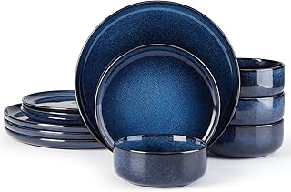 E-far Dinnerware Sets for 4, 12-Piece Stoneware Plates and Bowls Set, Ce...
