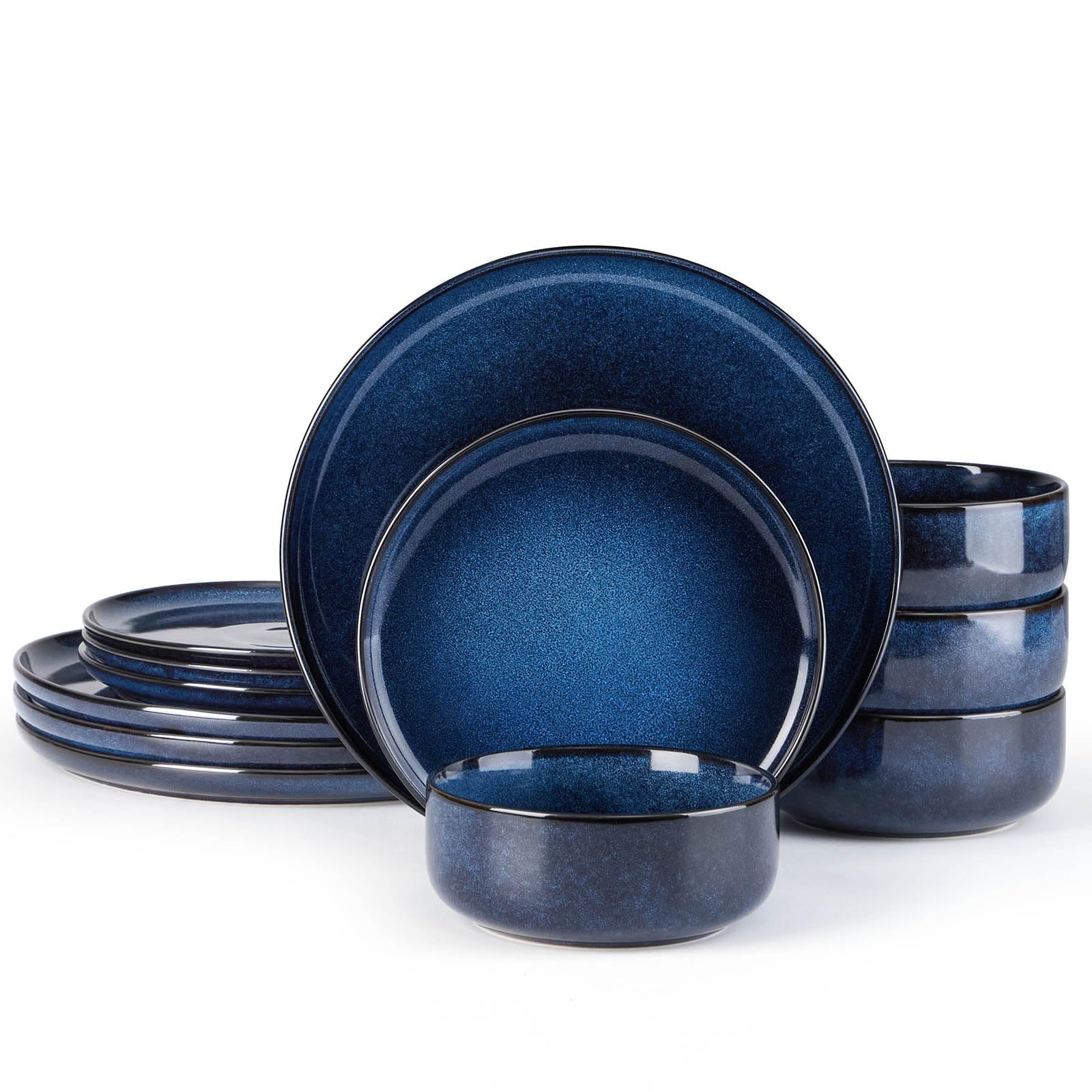 E-far Stoneware Dinnerware Sets for 4, 12-Piece Plates and Bowls Set, Reactive Glaze Dishes Dinning Ware, Microwave & Dishwasher Safe - Deep Sea Blue
