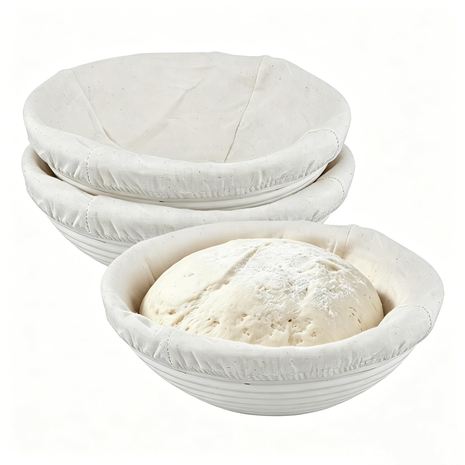 Seunmuk Natural 3 Pcs Bread Proofing Baskets, 9 Inch Round Sourdough Banneton Basket With Linen Liners, Rattan Sourdough Proving Basket For Bread Making