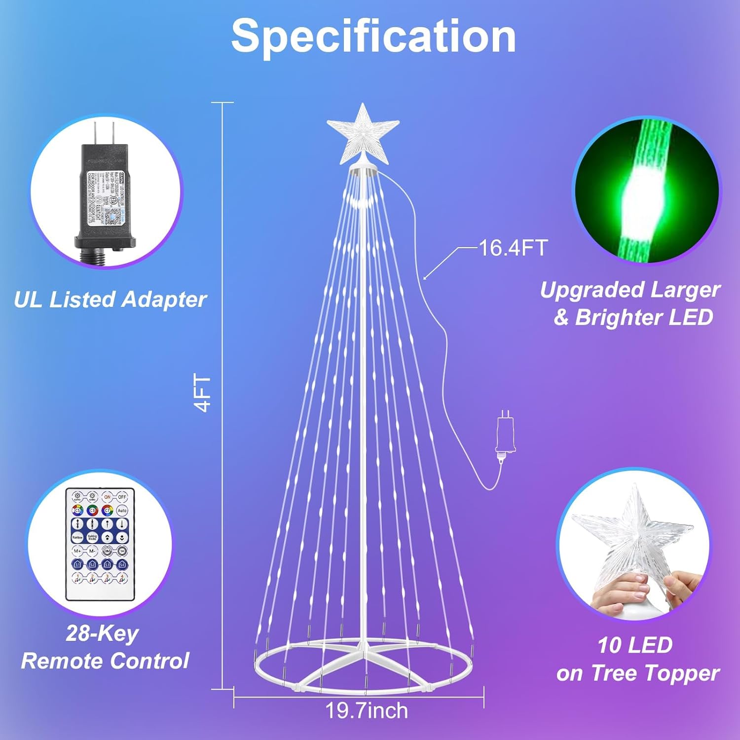 4ft smart led christmas cone tree light, prelit christmas tree lights with app & remote, diy, color changing, music sync, waterproof outdoor lighted christmas tree for yard porch xmas decoration rgb (red, green, blue) 4ft
