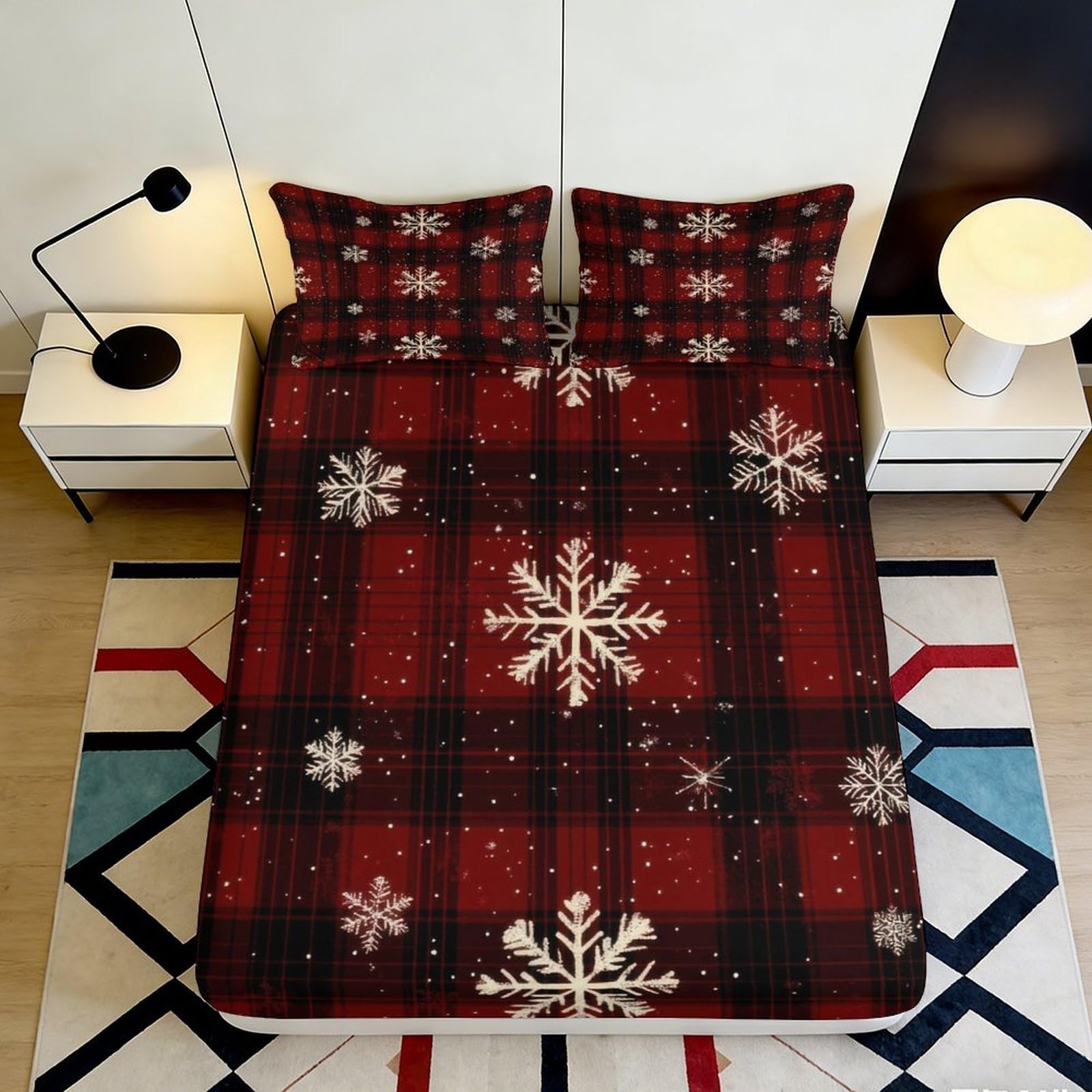 3D Printed Red Plaid Snowflake Fitted Sheet Microfiber Winter Check Bed Cover for Bedroom Guest Room Mattress Decor 90x200x25cm