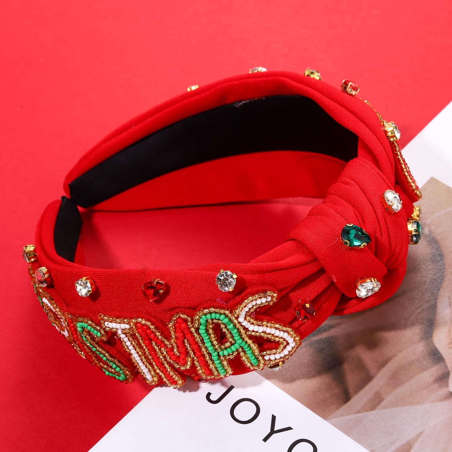 Cerchietto Natalizio Donna Con Perle E Cristalli, Fascia Larga Annodata Con Strass, Accessorio Capelli Elegante Per Feste E Matrimoni, Multicolore - 5