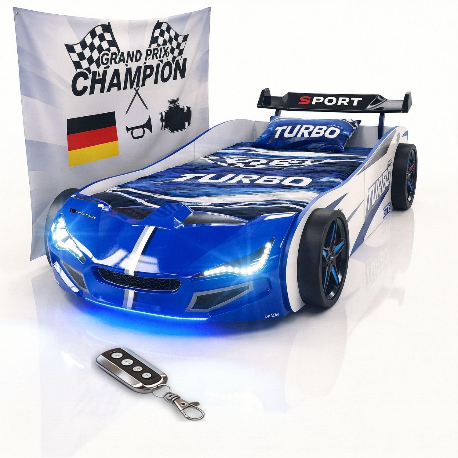 Coemo Autobett GTE Kinderbett 90x200 Rennwagenbett inkl. Rollrost, Sound Hupe Motor, LED-Leuchte Bett Farbe Blau Sportwagen-Design Spoiler