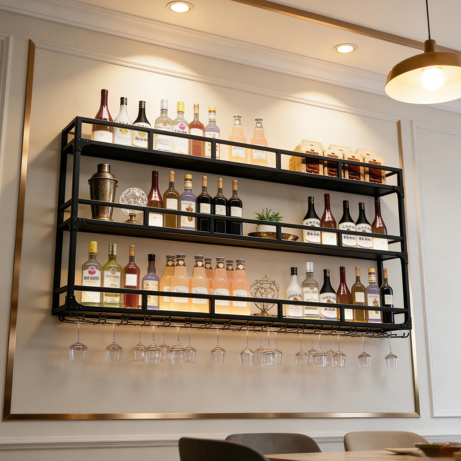 PortabottiglieDa Vino, Portabottiglie Da Parete Con Ripiano Espositivo, 3 Livelli Portabottiglie Da Vino A Parete Per Casa, Bar, Ristorante (BLACK, 100 * 25 * 90CM)