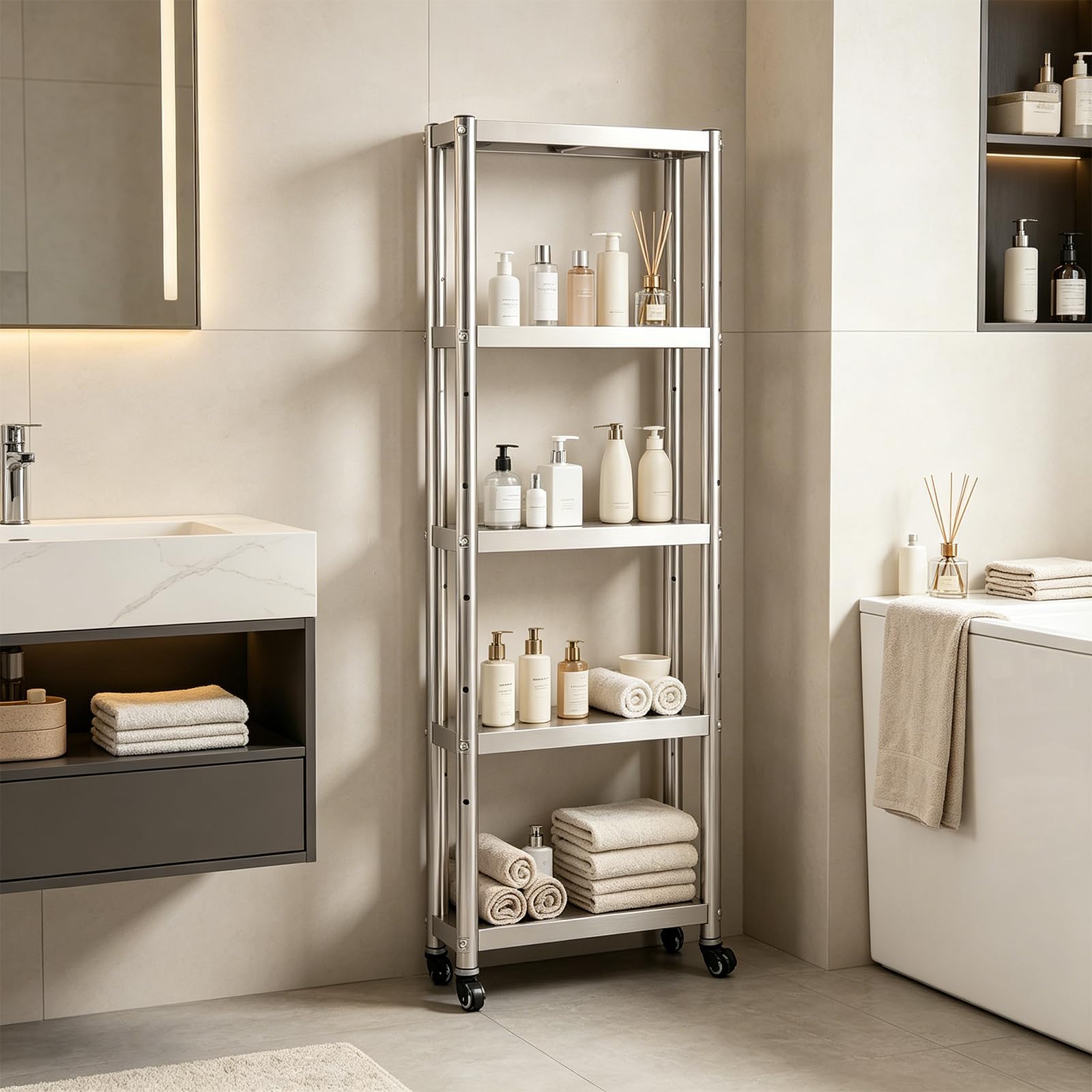 Carrello da cucina a 5 ripiani, sottile, in acciaio inox, con ruote