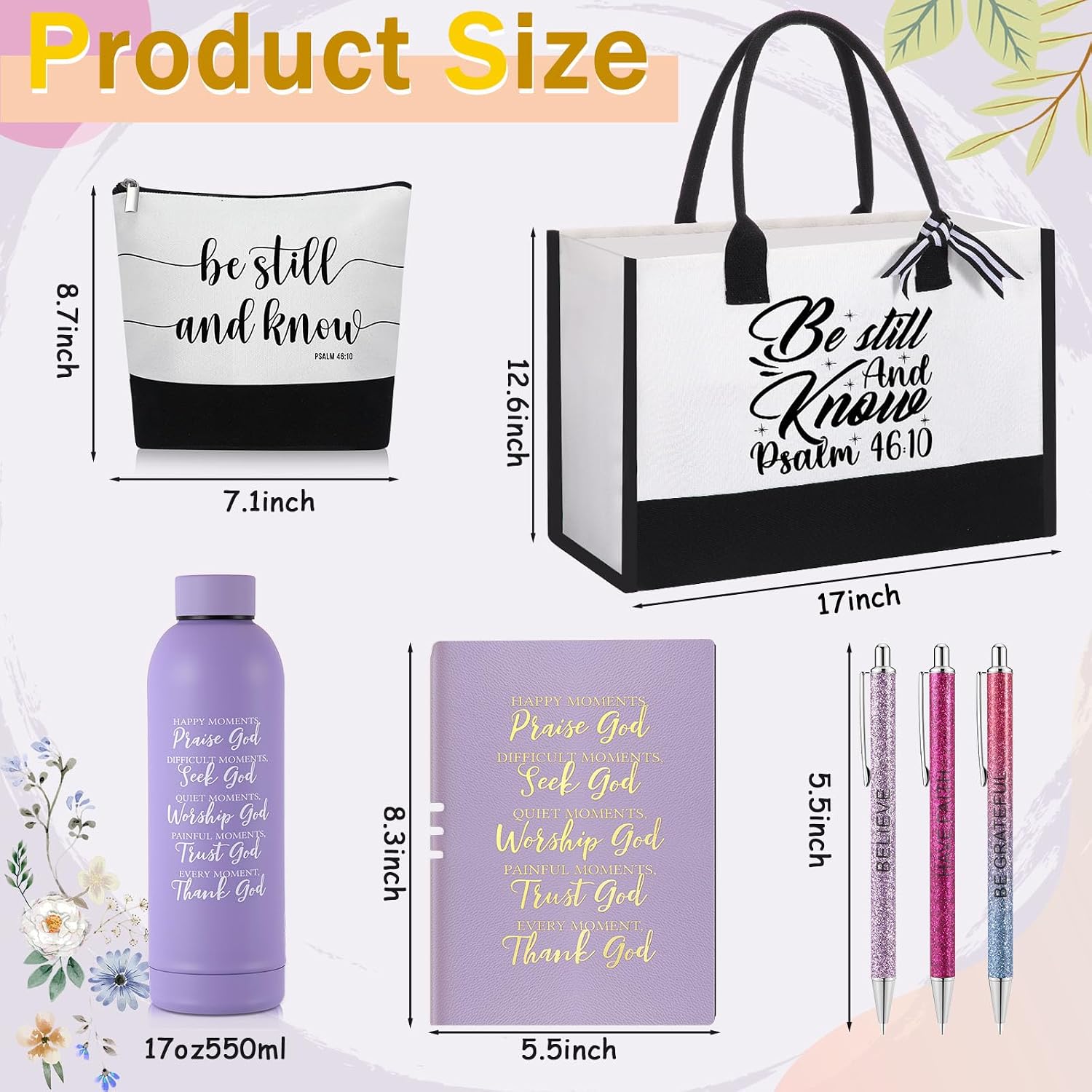 Shinylin Purple 7 Pcs Christian Gift for Women Faith, Inspirational Religious Bible Verse Gifts, Catholic Tote Bag Makeup Bag Pens