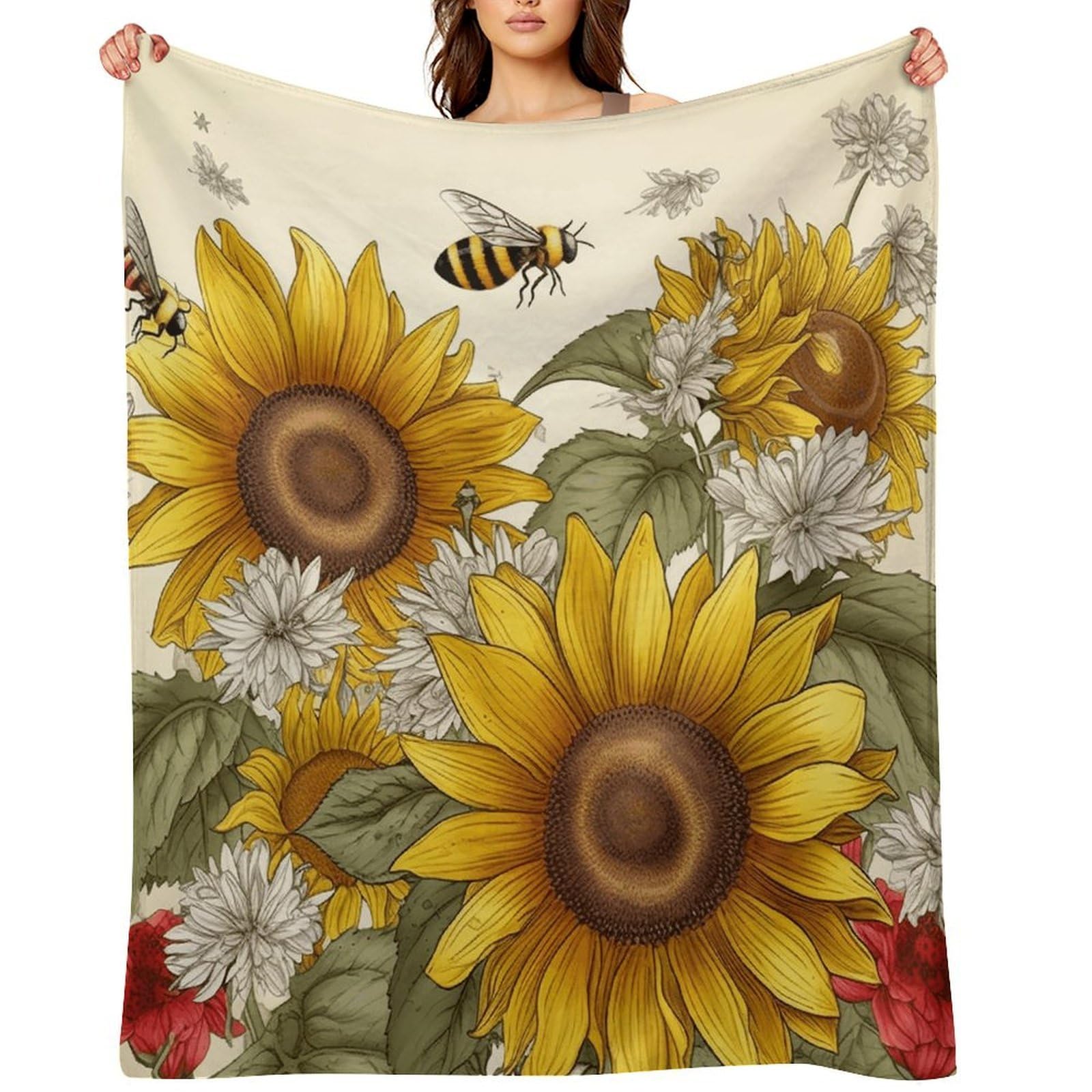 Bees Sunflowers Daisy Rose Flowers Throw Blanket for Couch and Bed Super Soft Warm Lightweight Throw Blankets Cozy Fuzzy Flannel Blanket Personalized Decorative Blankets for Sofa Decor 30"x40"