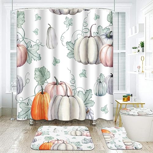 ArtSocket Juego de 4 cortinas de ducha con diseño de calabazas de acuarela con texto en inglés "It's Thanksgiving Halloween" Receta de otoño con