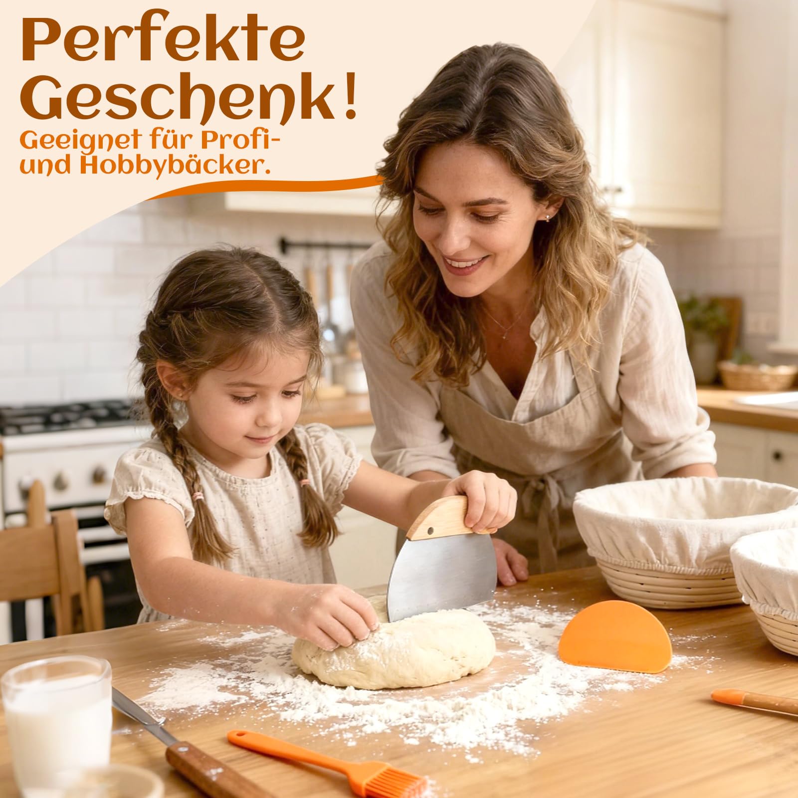 Gärkörbchen Für Sauerteig Starter Set, Gärkorb (23cm rund & 25cm oval),100% natürlichem Rattan, inkl. Teigschaber, Leineneinsatz, Teigrührer & mehr | Professionelles Brotbackzubehör (Orange)