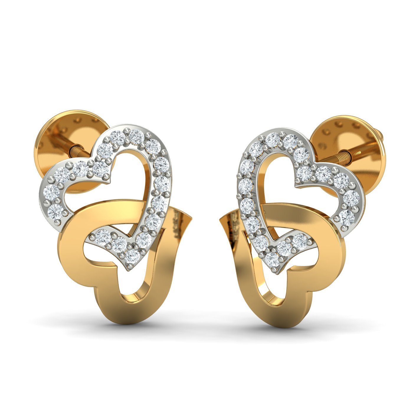 kuberbox 14KT Yellow Gold Diamond Studded Heart Stud Earrings for Women-picture-37
