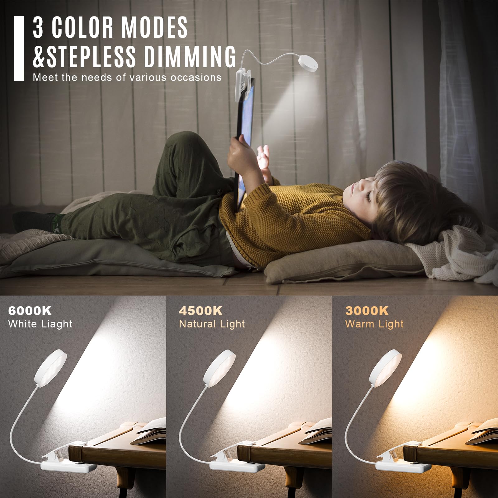 LQWELL® 31 LED Luz de Lectura, Luz de Lectura Recargable USB, 3 Temperaturas de Color, Atenuación Continua, Ángulo Flexible de 360° (Blanco, 1 Pieza)
