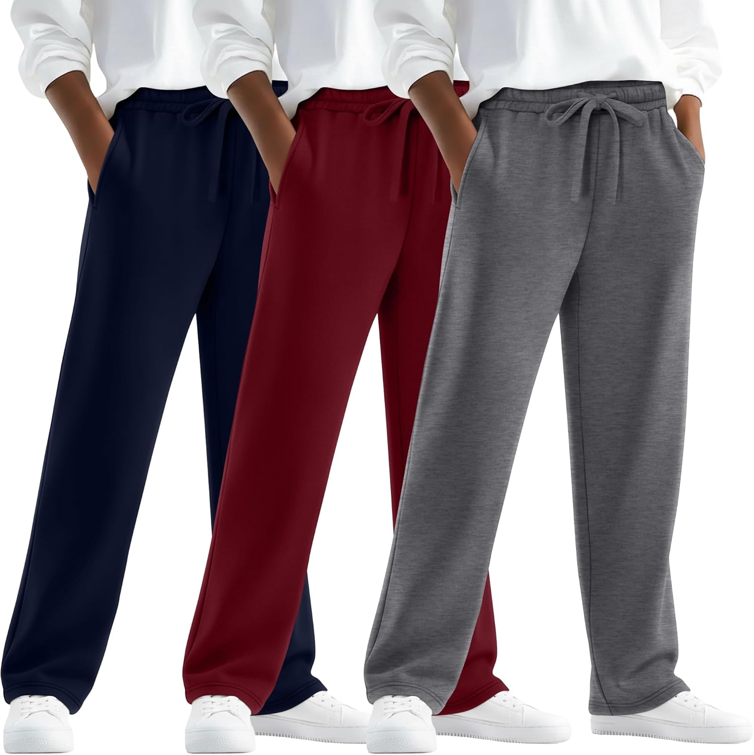 LessonZoo 3 Pack Boy's Sweatpants Straight Leg Athletic Open Bottom Pants High Waisted Drawstring Active Joggers with Pockets
