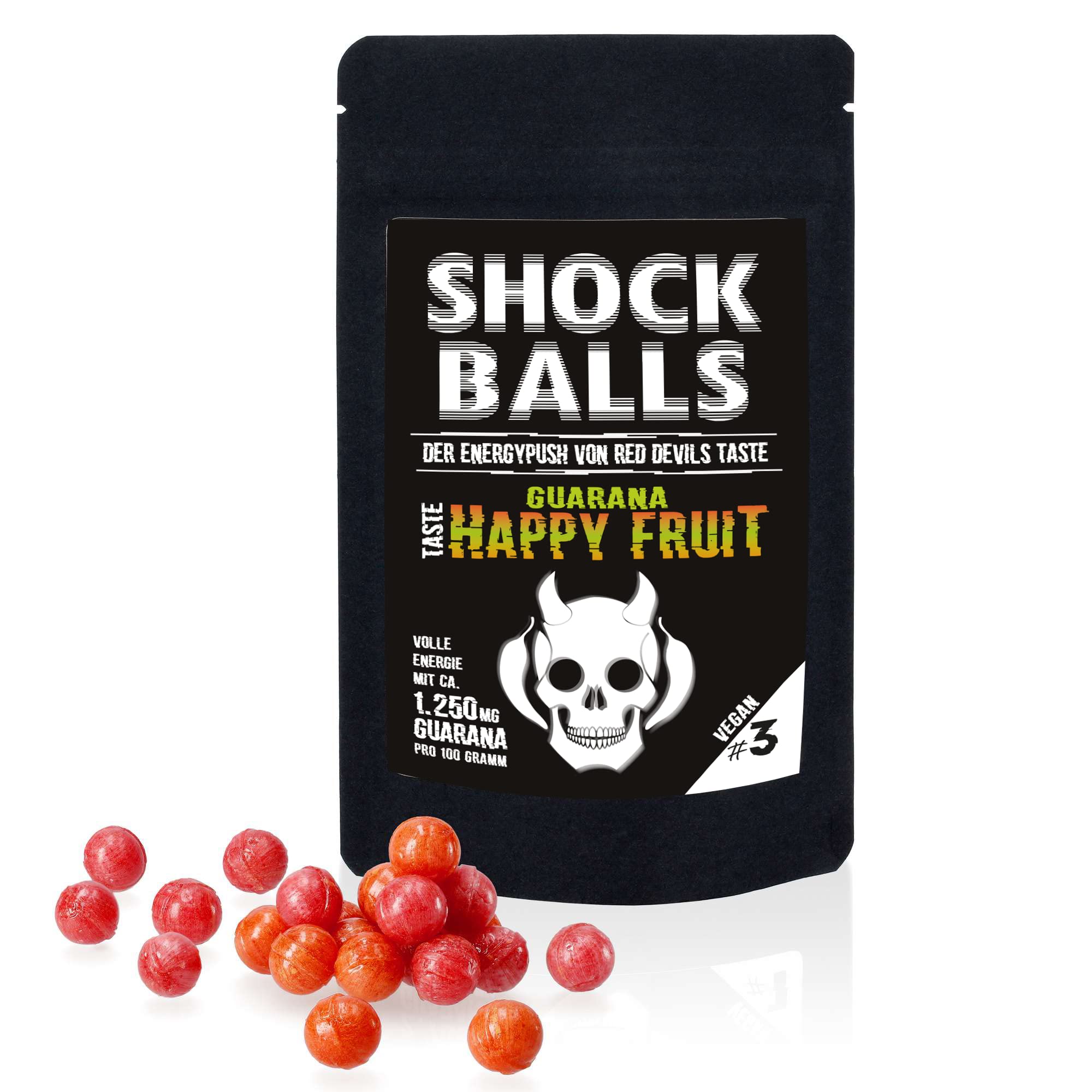 Shockballs Happy Fruits Energy cukierki z guaraną 1250 mg i kofeiną z wysokiej jakości cukrem