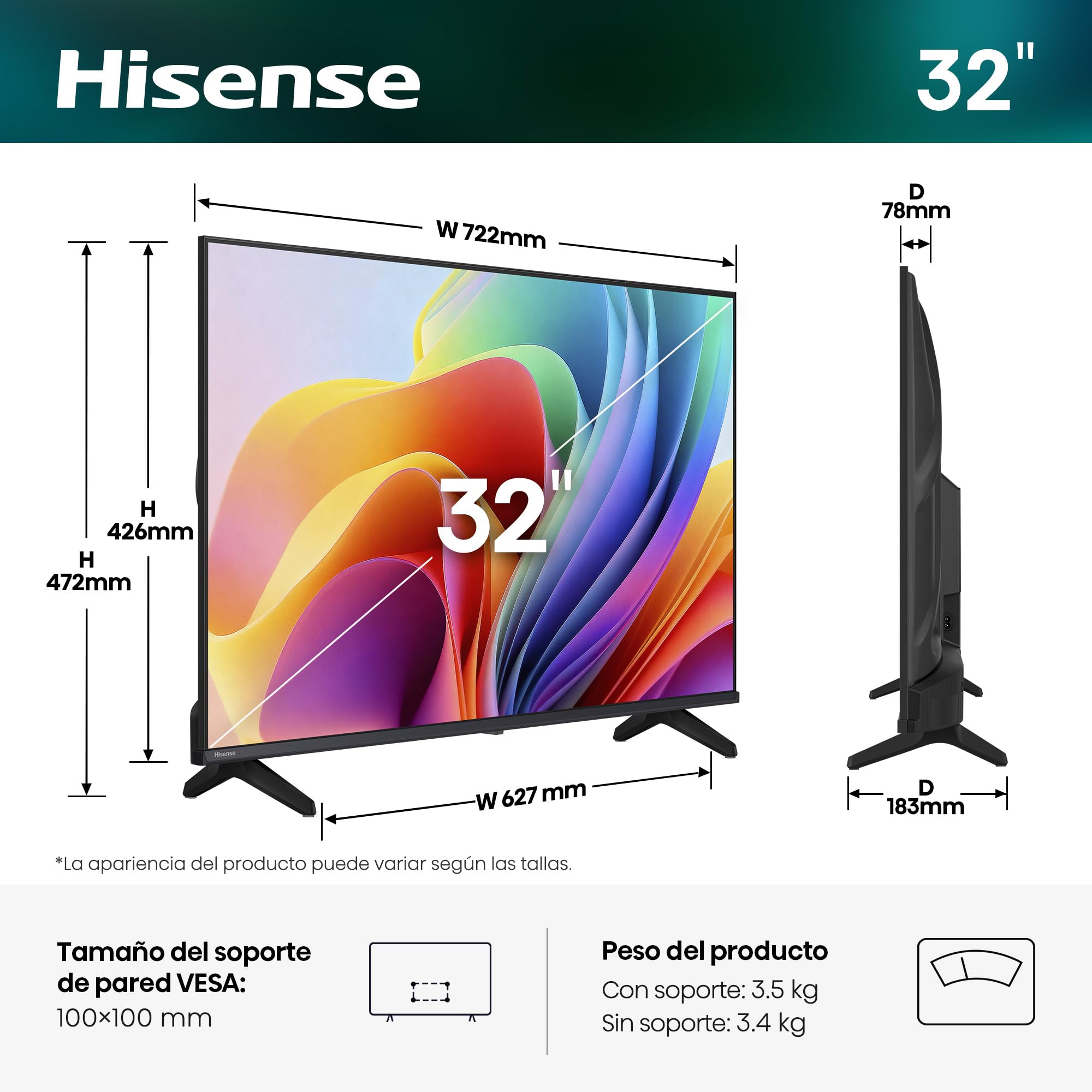 Hisense 32A4S - HD Smart TV 32 Pulgadas, Natural Colour Enhancer, Dolby Audio, Share to TV, Reducción de Ruido, Modo Juego, Airplay, Smart Home Ready