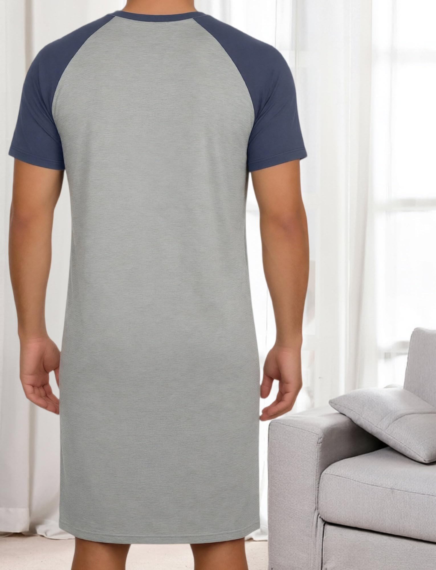 FEOYA Herren Nachthemd Langarm Schlafshirt Kurzarm Männer Einteiliger Schlafanzug Pyjamaoberteil Nachtwäsche Sleepshirt Pyjama Top