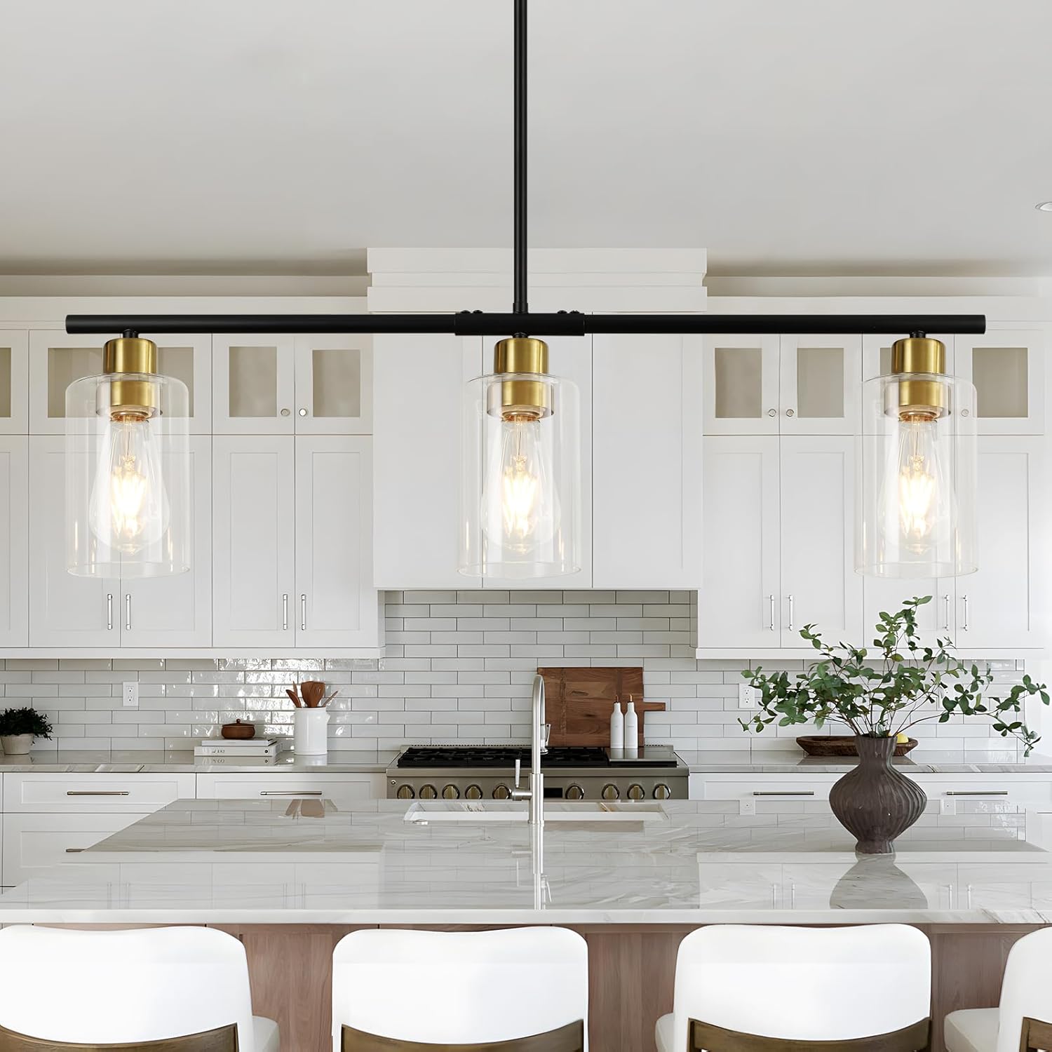 WILON Kitchen Island Lighting, 3 Lights Black Linear Chandeliers Modern Farmhouse Chandelier with Glass Shades for Kitchen Island Living Dining Room Foyer Bedroom (Black Gold, 3 Lights)