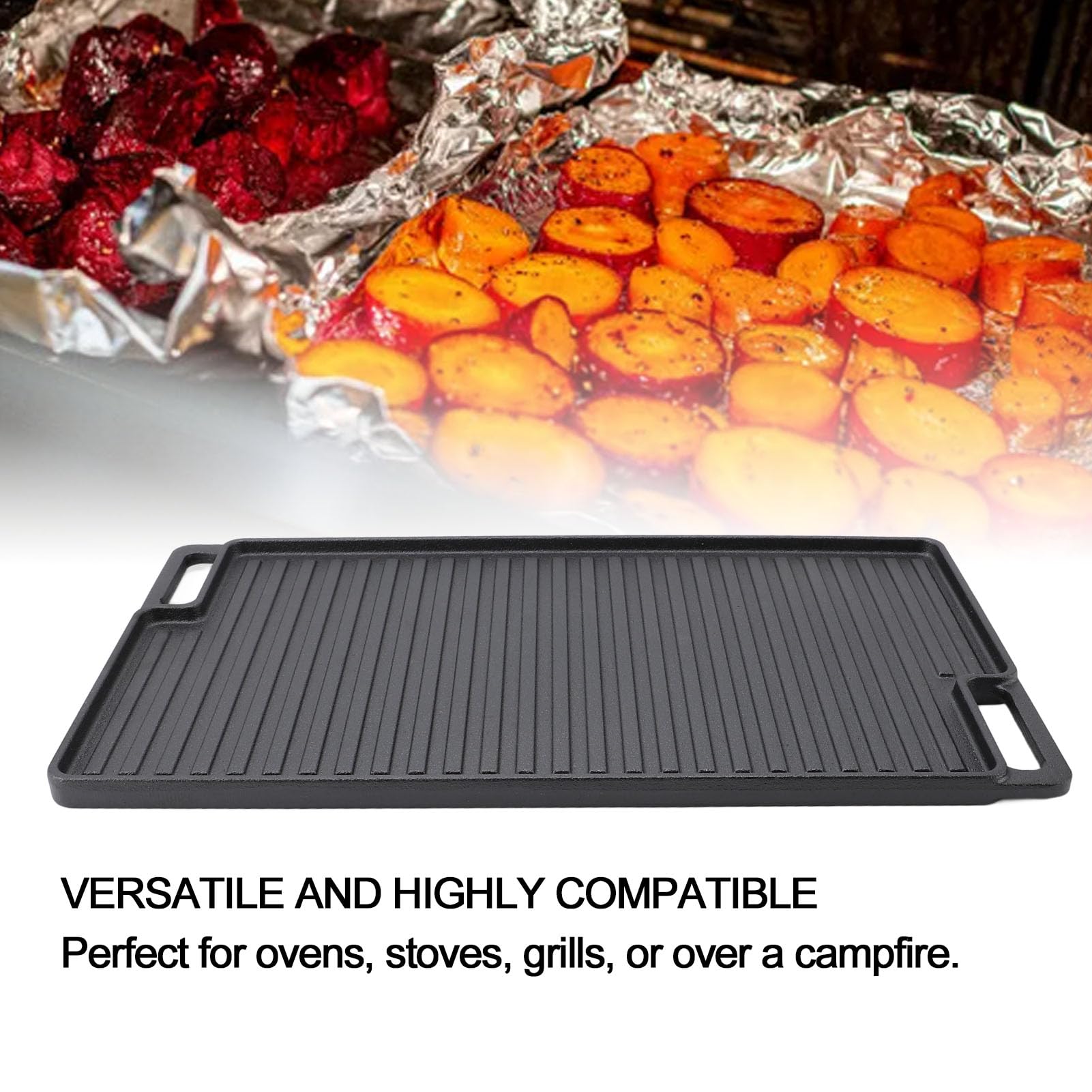Cffuvros Pre Seasoned Cast Iron Reversible Griddle, Rectangular Grill Stovetop Pan for Gas Grill, Stove, Non Stick Family Size Cookware with Side Handles
