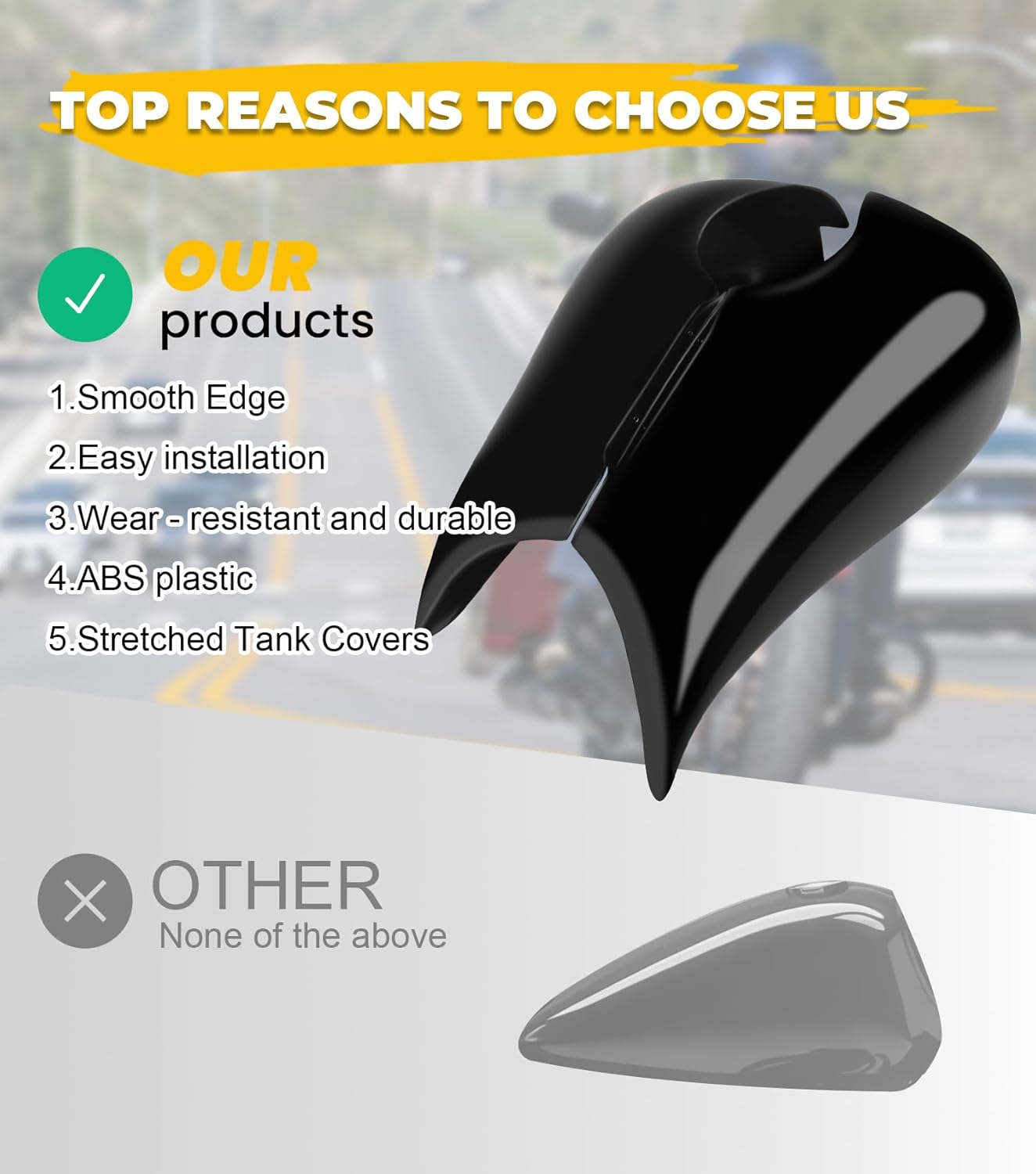 Stretched Tank Covers Gloss Black Extended Gallon Fuel Shrouds Compatible with Harley Touring Street Glide,Road Glide FLH Models 2009-2023