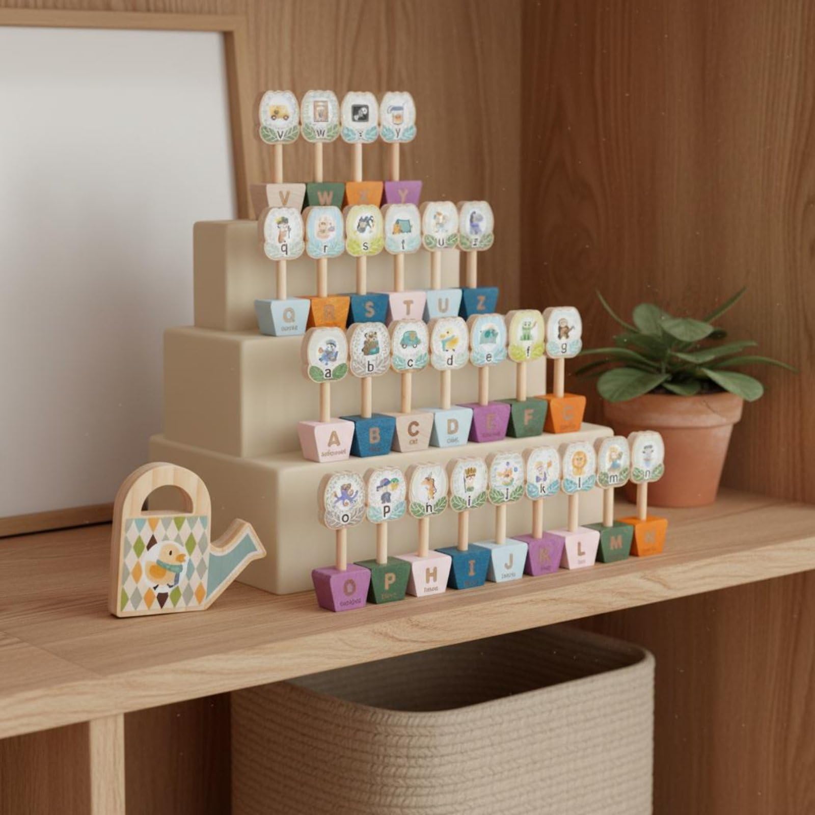 Jouet Éducatif Alphabet Enfant Lettres Majuscules Minuscules Jeu Reconnaissance Mots Images Bloc Tri Fleurs Pot Bois Activité Sensorielle Motricité