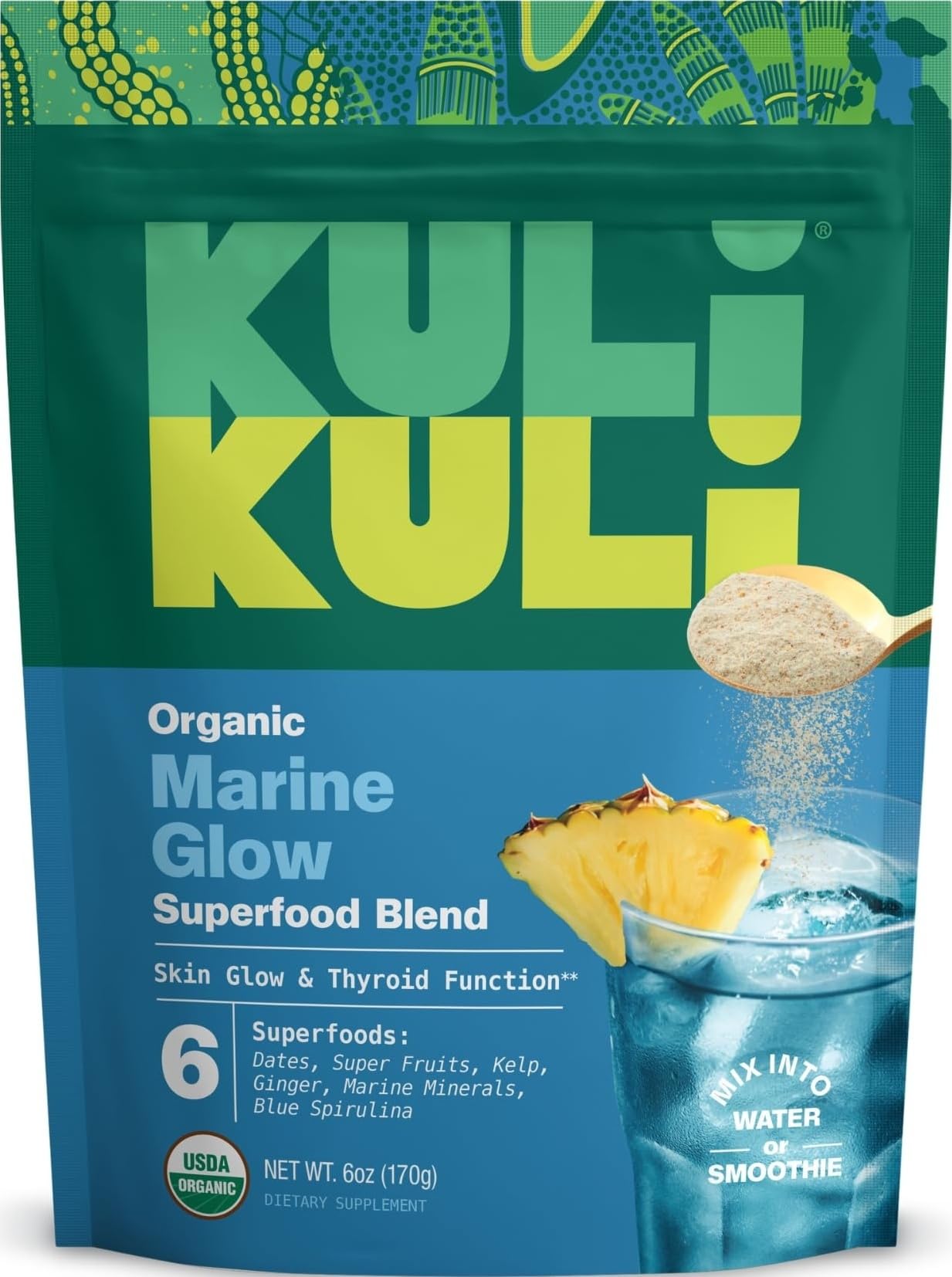 Kuli Kuli Suplemento em pó orgânico de espirulina azul, algas marinhas e minerais marinhos, sabor Marine Glow, 168 g