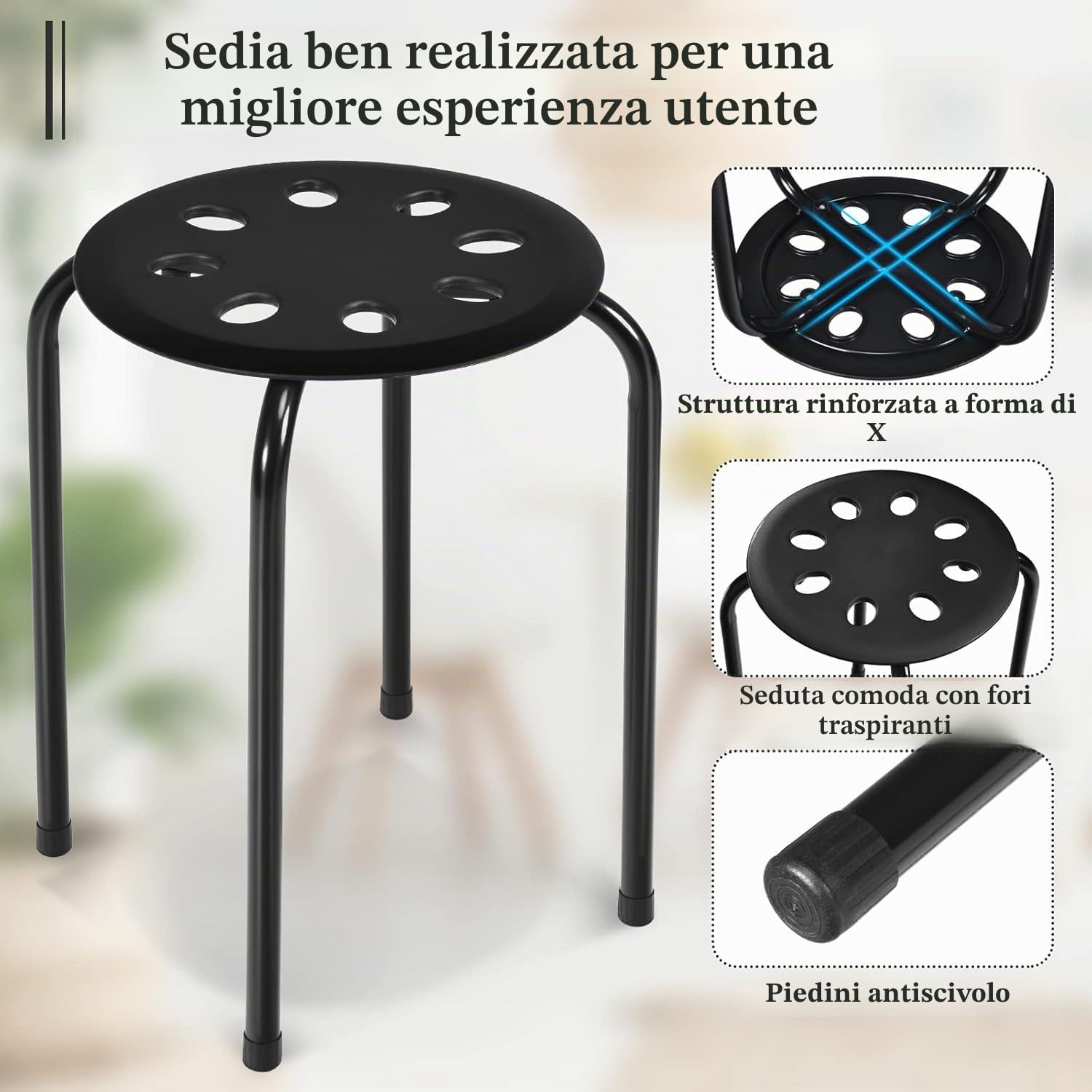 FANTASK Set di 6 sgabelli impilabili alti 44,5 cm, colorati da ufficio, sala da pranzo, impilabili, in metallo, per la casa