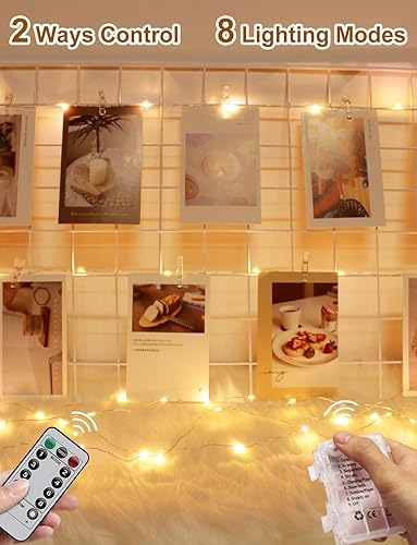 Miniatura 3 de Cadena de luces con clip para fotos con control remoto, 33 pies, 100 luces LED a pilas, luces estrelladas de alambre de cobre impermeables con 50