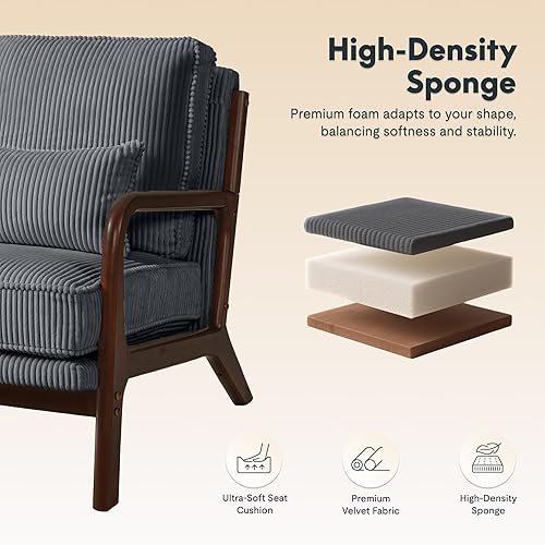 Miniatura 3 de FLEXISPOT AC1 - Silla decorativa, sillón moderno de mediados de siglo con marco de madera, cómoda silla de lectura tapizada de pana con almohada