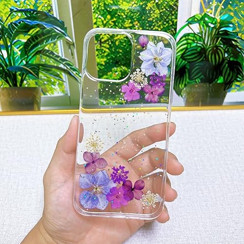 Miniatura 5 de Abbery Funda diseñada para iPhone 13 Pro Max con diseño de flores prensadas, bonita funda de silicona suave de poliuretano termoplástico seca con